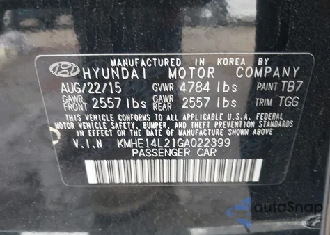 2016 Hyundai Sonata Plug-In Hybrid z USA, uszkodzony, nr VIN KMHE14L21GA022399